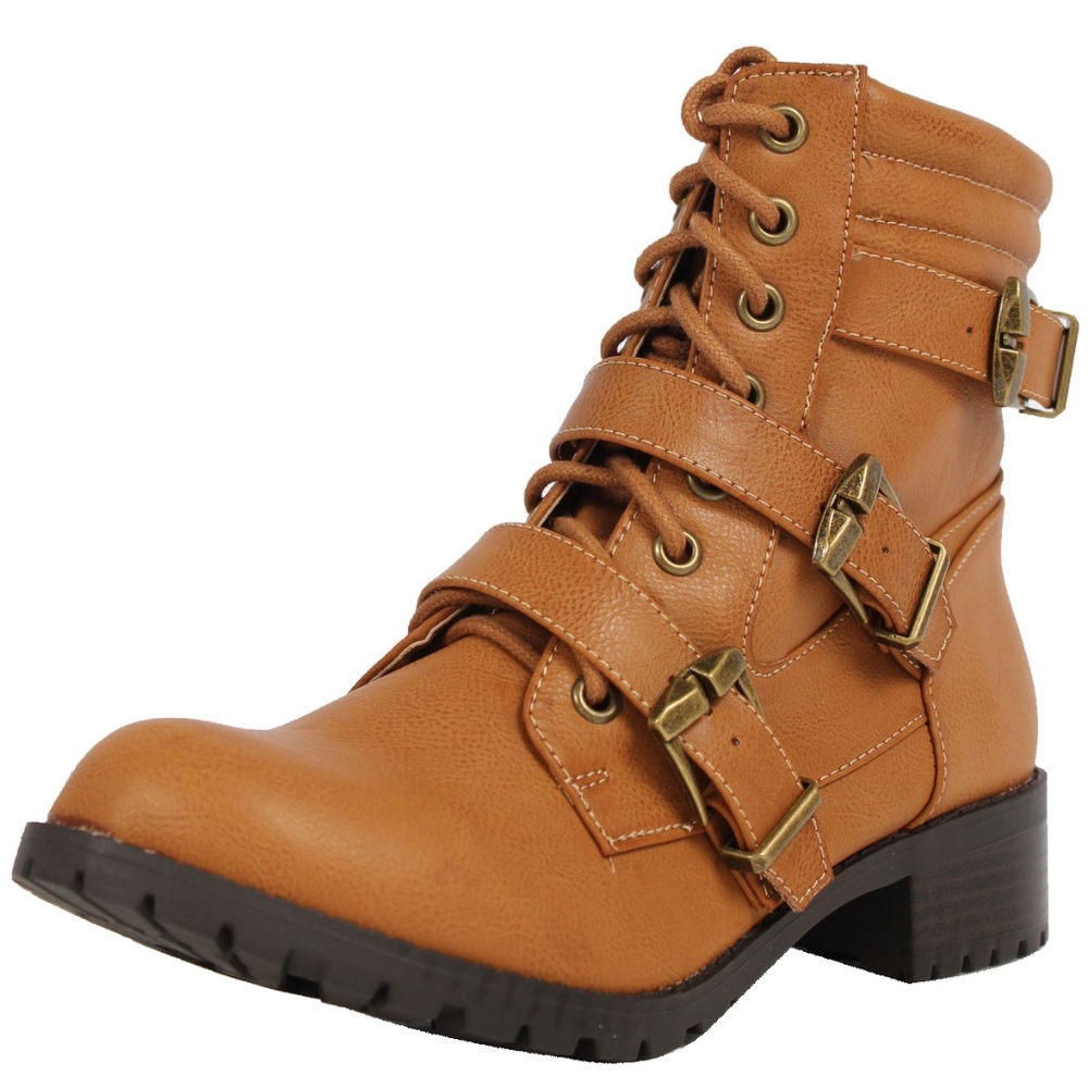 Size 5.5 Tan Triple Buckle Combat Ankle Boot - Picture 2 of 5